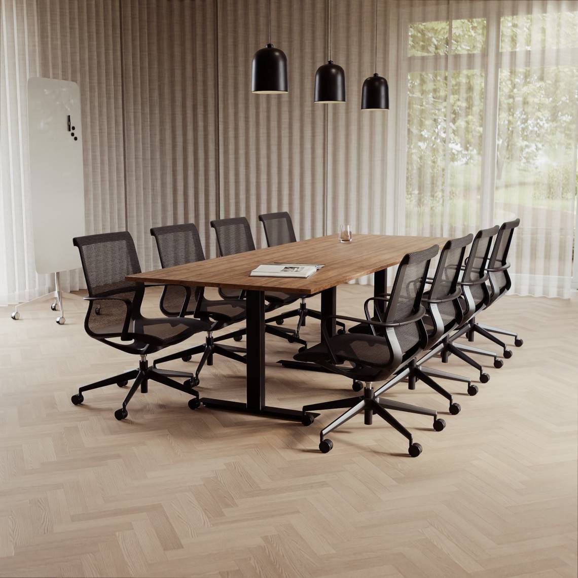 Konferencesæt Modul + Ergo 285, Størrelse 8 pladser (280 cm), Bordplade Valnød, Understel Sort, Stol Sort.
