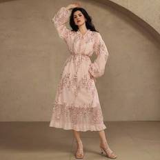 Lantern Sleeve Crinkle Paljettklänning - Pink Sparkly Glitter Vintage Style Chiffong Princess Long Gown - Rosa (L,M,S,XL)