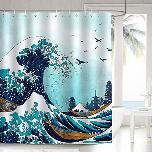 Bonhause Great Wave duschdraperi 180 x 200 cm japansk Kanagawa havsvågor badrumsdraperi vattentätt mögel- och mögelbeständigt polyestertyg baddraperi med 12 krokar