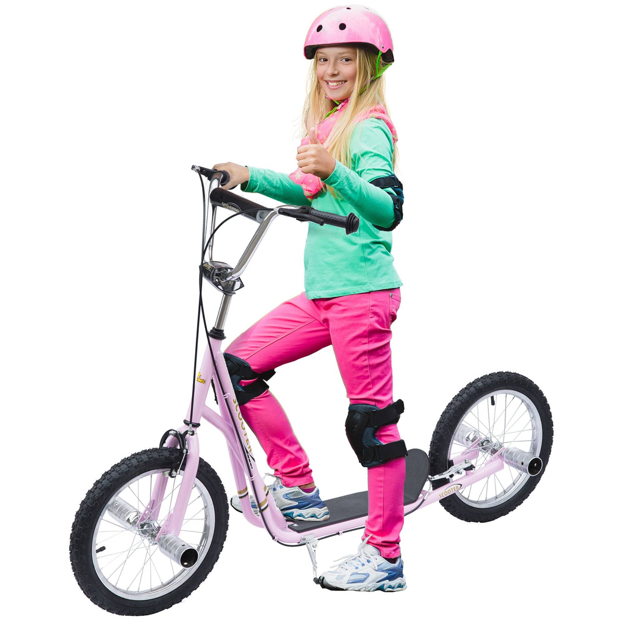 Børneløbehjul med luftgummidæk, løbehjul, city scooter til børn, kickboard, 16 tommer, fra 5 år, højdejusterbar, pink, 143 x 58 x 92-100 cm