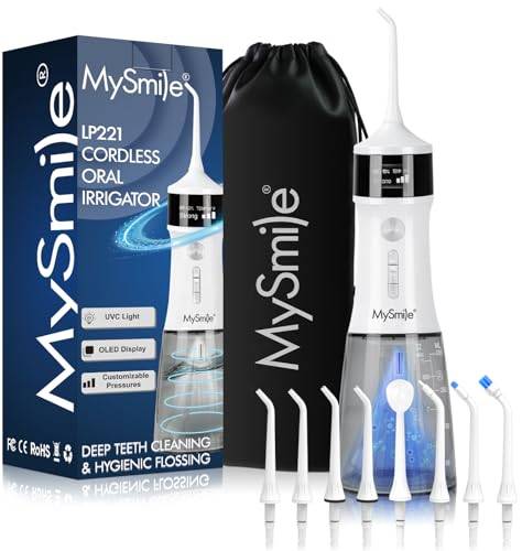 MySmile Kraftfull sladdlös Water Flosser Bärbar tandspolare med 5 lägen OLED-skärm 8 utbytbara jetspetsar och 350 ML löstagbar vattentank för hemmabruk (Pärla Vit)
