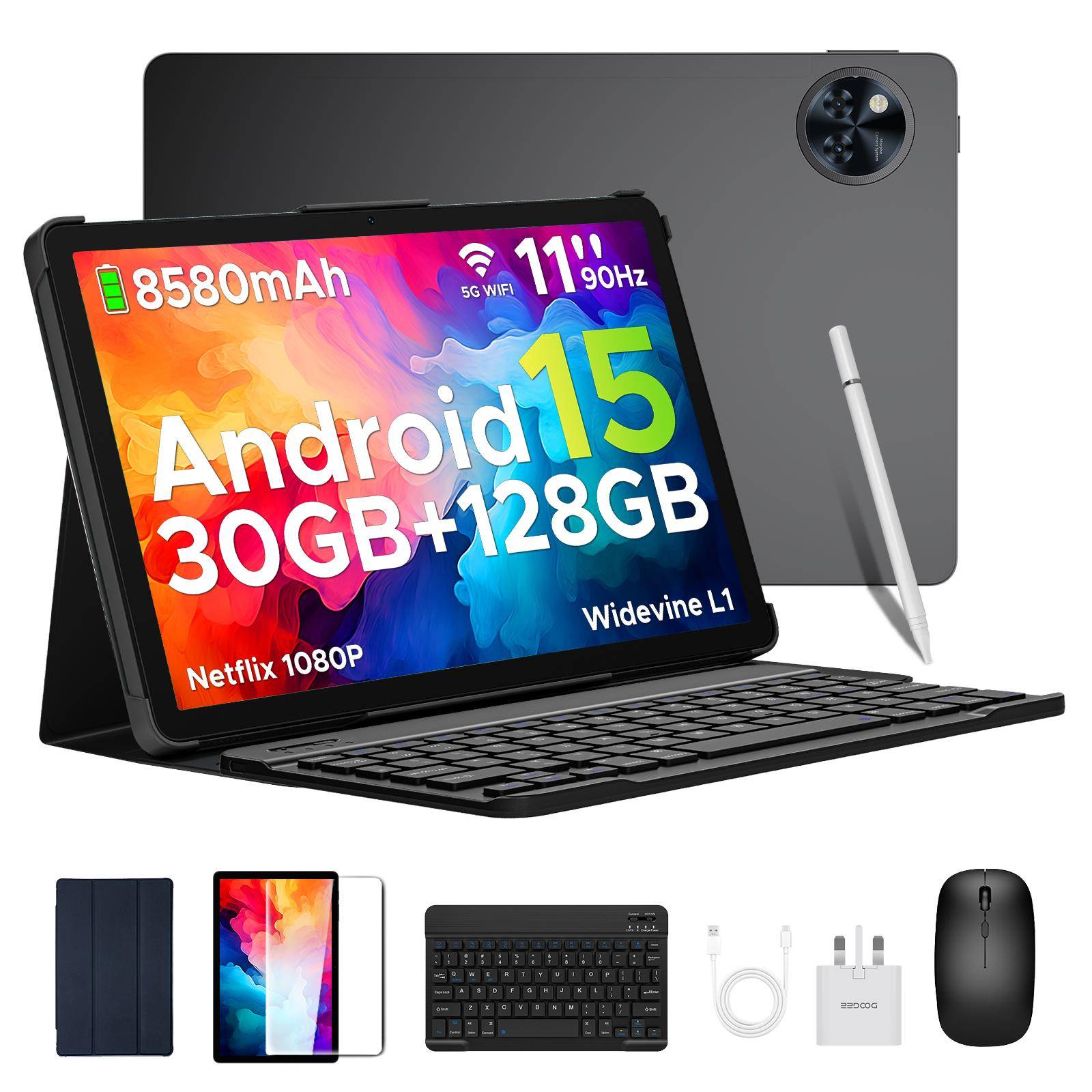 DOOGEE U11 Pro Android 16 Tablet, 11 Inch, 30GB RAM+256GB ROM/2TB, 8580mAh Battery, Tablet with Pen, Keyboard, Mouse svart