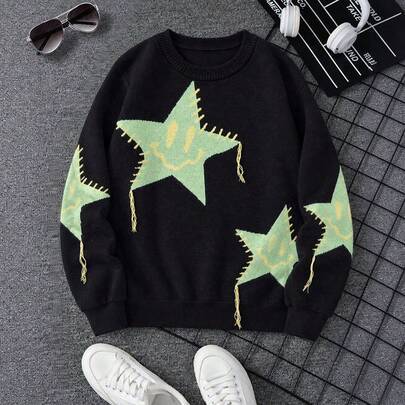 1 st stickad långärmad pullovertröja för pojkar/tonårspojkar, amerikansk streetstyle, retro colorblock, kreativt uttryck, pentagram, minimalistisk, be - Svart (8Y,10Y,14Y,12Y,16Y)