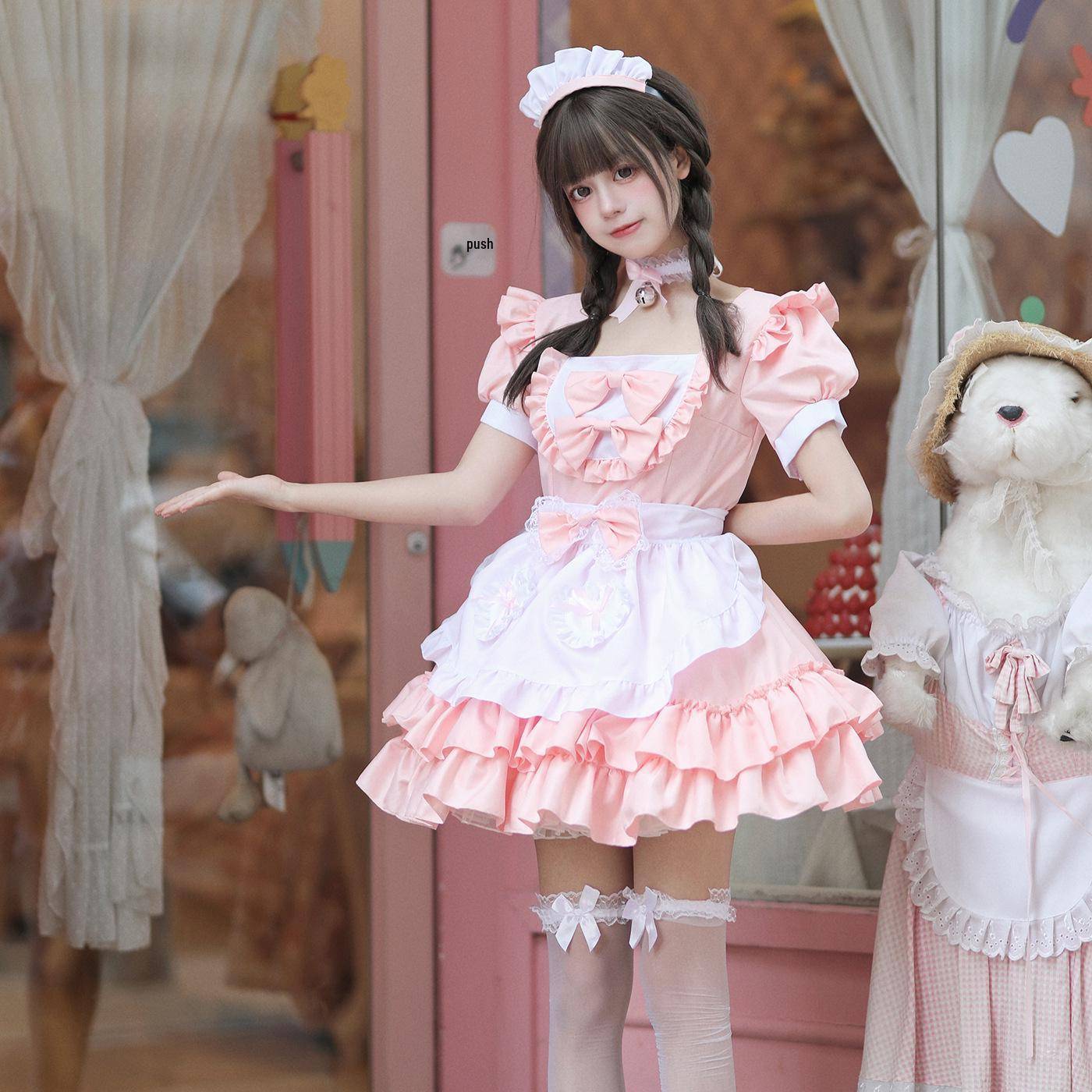 Japansk Soft Girl Cosplay Rosa Maidklänningsset - Ren & Härlig Rollspelsoutfit cm