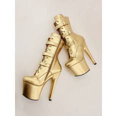 Gold Sexy Boots Metallic Round Toe Platform Zipper Buckle Lace Up Boots Plus Size Pole Dance Shoes Gold Stripper Heels