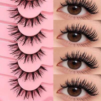7 par tecknade falska ögonfransar, naturlig lång stil med glansig våt look, fluffiga och delikata, lämpliga för daglig makeup, ögonfransförlängning, c - Svart