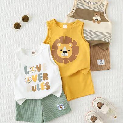 3-set för babypojke med tecknad björnmönstrad stickad mjuk ärmlös väst med rund hals och shorts med elastisk midja - Multifärgad (6-9M,9-12M,12-18M,18-24M,2-3Y,3-6M)