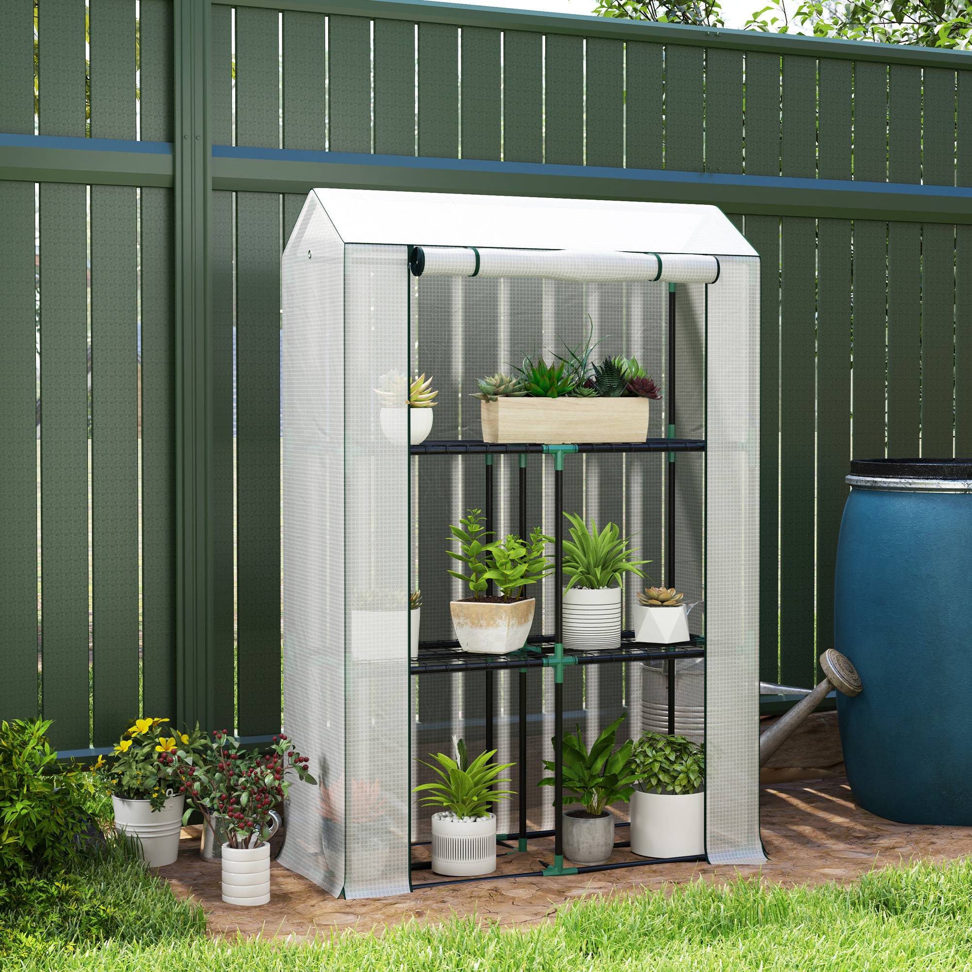 Udendørs drivhus med hylder og rulleport, vintersikkert stålfilmdrivhus, drivhus til altan, have, tomathus med UV-beskyttelse 100x40x150cm tomatdrivhus til grøntsager, blomster, planter, hvid.