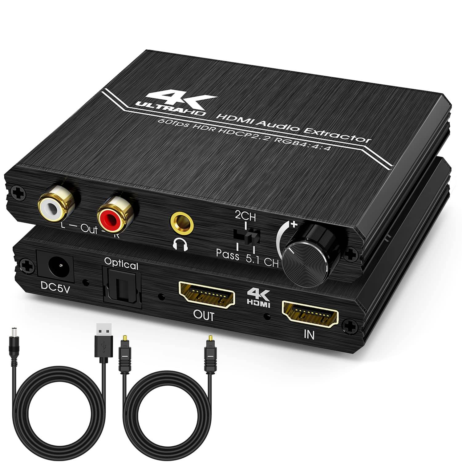 4K HDMI Audio Extractor HDR HDMI 2.0 to Optical SPDIF + 3.5mm Stereo + RCA L/R Audio Adapter Support 4K@60Hz HDCP 2.2 YUV 4:4:4
