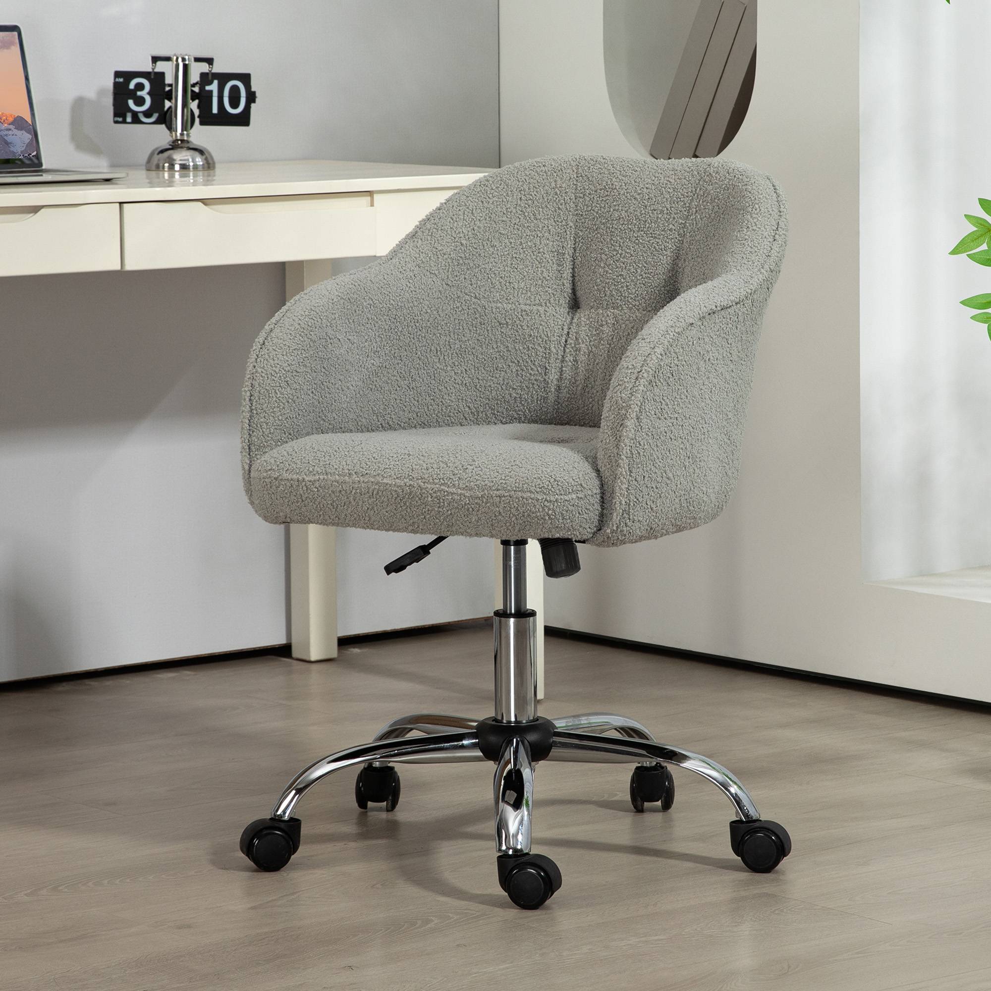 Hjemmekontorstol, Ergonomisk Skrivebordsstol, Drejestol, Højdejusterbar Kontorstol med Gyngefunktion, Teddy Velvet Look, Vanity Chair til Soveværelse, Arbejdsværelse, Grå.