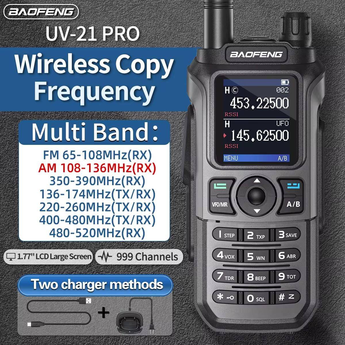 Baofeng UV 21 Pro Trådlös Frekvenskopiering Walkie Talkie 999CH AM Långräckvidd Vattentät Flerbands Typ-C Amatörradio UV 5R UV-K6