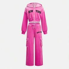 Tween Girl's Solid Hot Pink Drop Shoulder Letter Broderad Långärmad Dragkedja Hoodie Beskuren jacka med fickor och vida ben Cargobyxor 2st/set - Rosa (8Y,9Y,10Y,11Y,12Y)