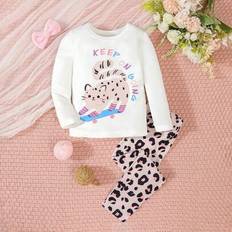 Baby Girl tecknad grafisk t-shirt & leopardtryck byxor PJ Set - Aprikos (2Y,3Y,9-12M,12-18M,18-24M)