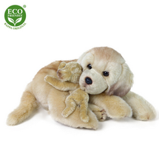Liggende lys Labrador bamse med hvalp – 27 cm.