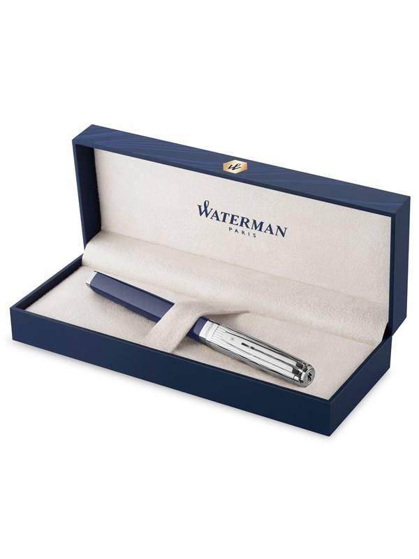 Waterman Exception reservoarpenna | Metall & Blålack med palladiumlist och etsad hätta | 18K guld fin spets | Presentförpackning