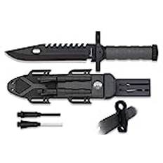 Albainox 32537 Svart kniv med flinta, slip och kompass, 19 cm blad och ABS-handtag, för hem, fiske, camping, utomhus, överlevnad och vildmark