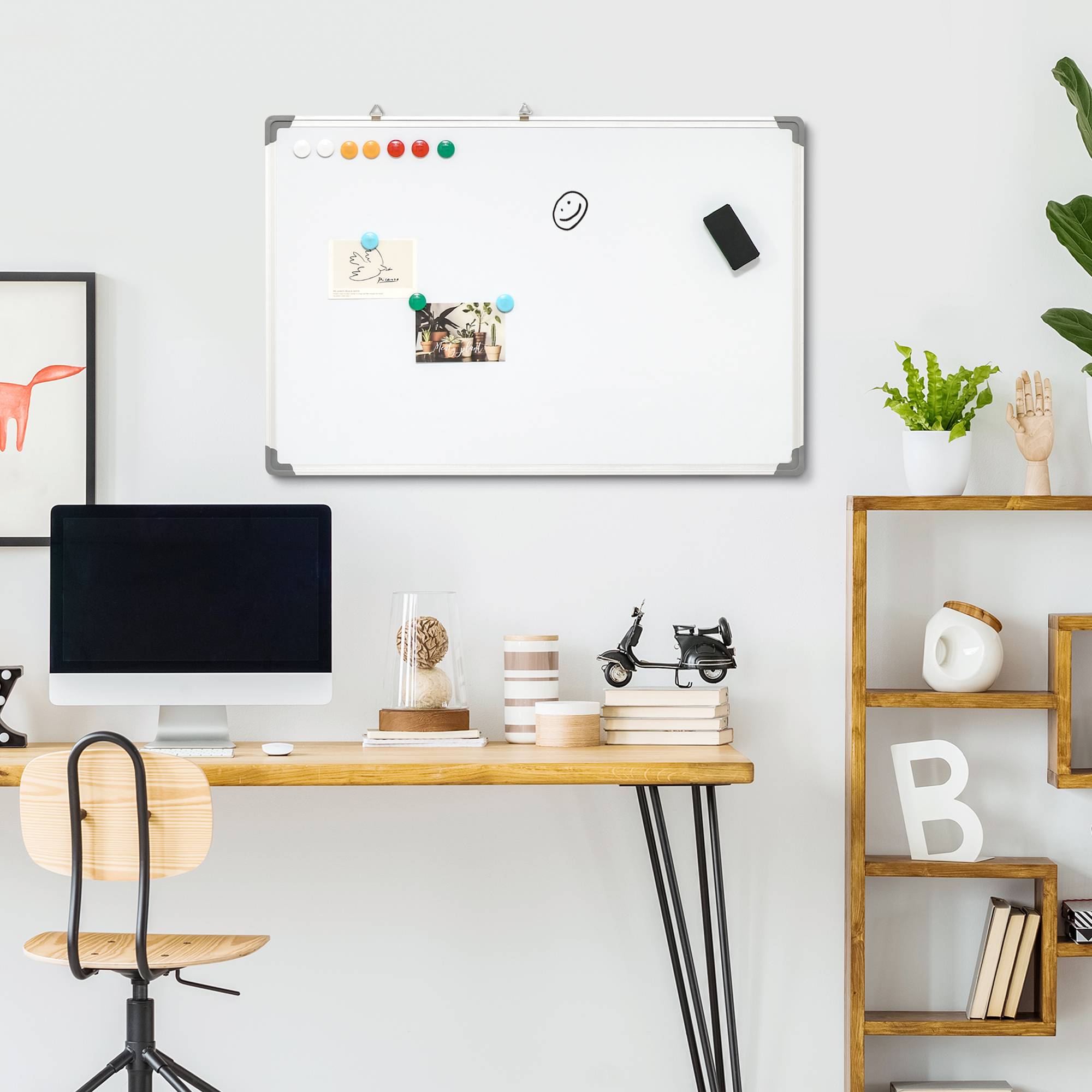Whiteboard, Magnetisk Tavle, Opslagstavle, Inklusive Tilbehør, 4 Kuglepenne, 1 Svamp, 10 Magneter, Hvid + Sølv.