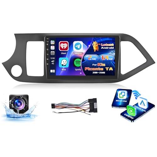 Inefala 2+64G Radio för Kia Picanto TA 2011-2016 Android med trådlös CarPlay Android Auto, 9 Tums Bilskärm Bluetooth WIFI 26UI GPS FM EQ SWC AHD Backkamera