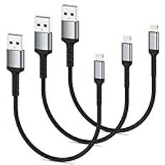 30 cm kort Lightning-laddningskabel, 3-pack flätad USB A till Lightning-laddningskabel för iPhone 0,3 M, kompatibel med Apple iPhone 14, 13, 12, 11 Pro Max Air/Mini