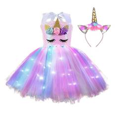 Børn Piger Unicorn Costume Led Light Up Tutu Kjole + pandebånd Outfits sæt Cosplay Carnival Fødselsdagsfest