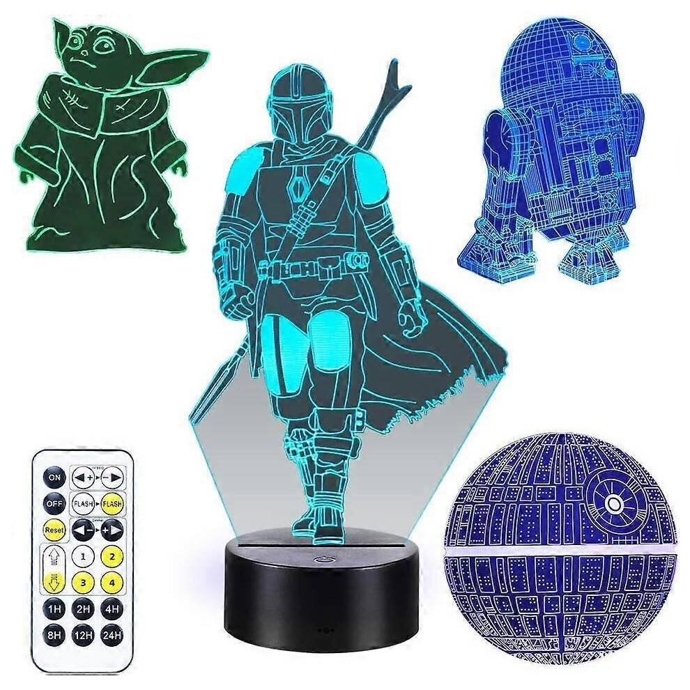 Star Wars 3D Illusion-lampa för barn, 4 mönster 3D-nattljus med fjärrkontroll och 16 färger