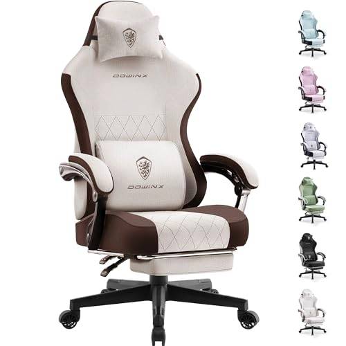 Dowinx Gaming Stuhl Stoff mit Taschenfederkern, Ergonomischer Schreibtischstuhl mit Fußstütze, Flachem Sitz ohne Seitenflügel, Atmungsaktivem Stoff Gaming Chair für Erwachsene, bis 150 kg, Braun