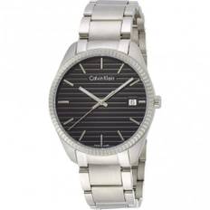 Calvin Klein, Tilbehør, Dame, Grå, ONE SIZE, Uld, Elegant Quartz Dameur med Sort Urskive og Sølvfarvet Stållænke