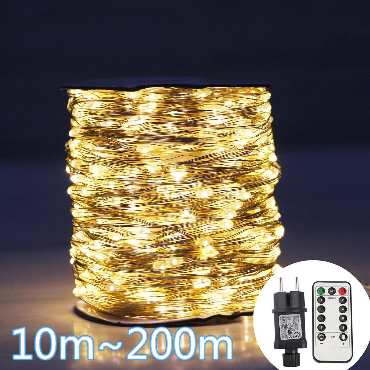 30/100/200m LED Koppartråd Strängbelysning Street Fairy Lights Garland Led Remote Utomhus Julgran Trädgård Bröllopsfest Uteplats Dekor Ljus 20M 200Led