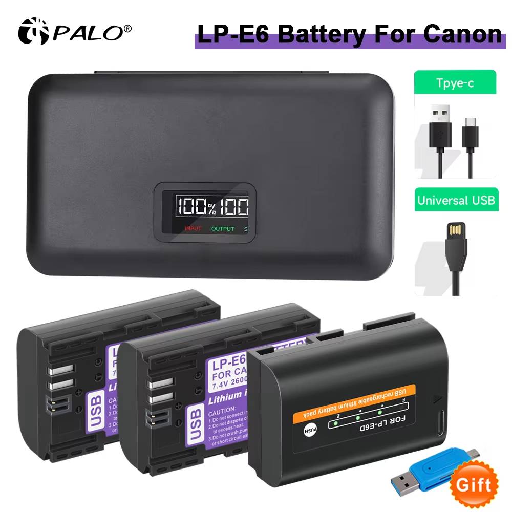 PALO LP-E6 LP E6 E6N Battery with Type-C Input for Canon EOS R R5 R6 90D 60D 70D 80D 5D IV 6D 7D Mark II 6D Mark II 5D Mark II