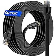 Nätverkskabel 15m Utomhus Cat6 Ethernet Kabel Platt Svart Lan Kabel Extremt Långa Patchkabel Rj45 Hög Hastighet Internetkabel 1Gbps 250MHz Lan Kabel 15 Meter (15 Clips)