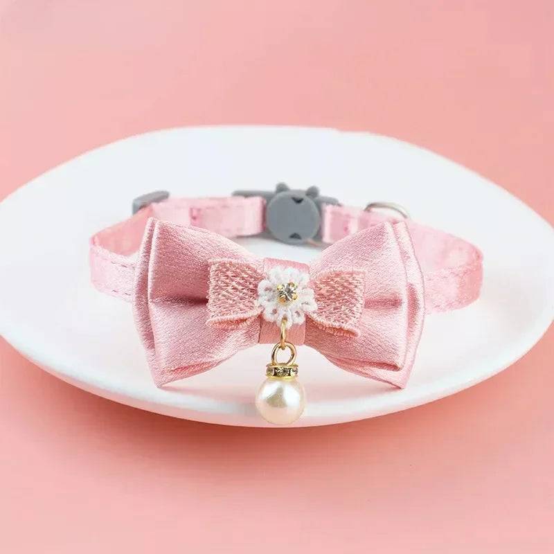 Pink Lace Bow Pet Collar with Bell for Cats and Small Dogs - detachable / 20-30cm (20-30cm)