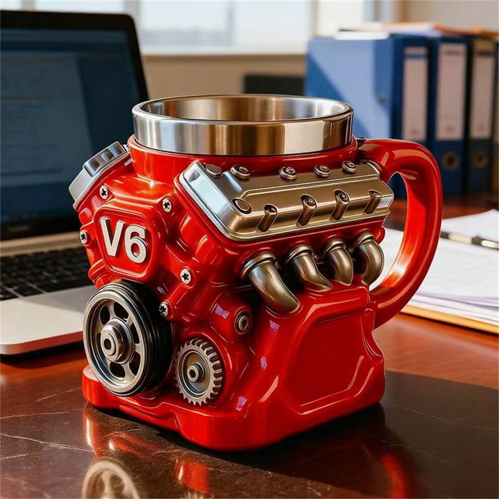 Retro V6/V8-motor kaffekrus, dobbeltvægget isoleret bilkrus i rustfrit stål med hank – kompatibel med gaver til fars dag, jul og mekanikere.