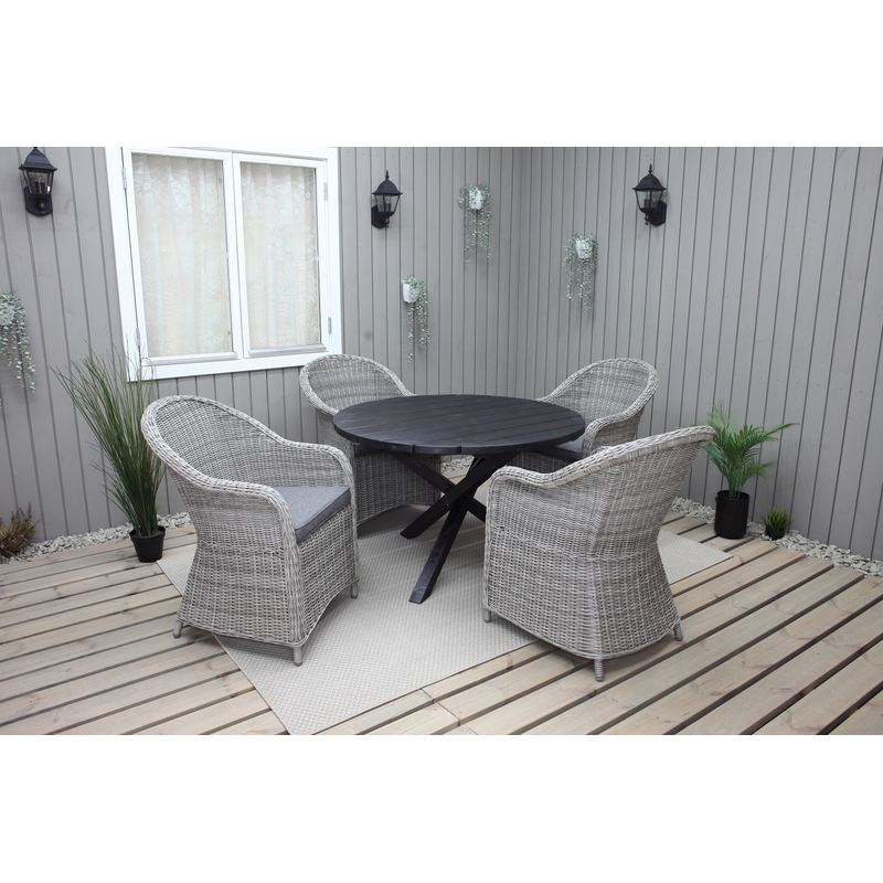 Utomhusmöbelgrupp Ø 112 cm bord & 4 Belize grå stolar Baltic Garden