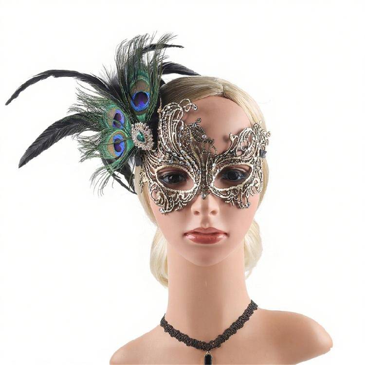 Maskeraddräkt Mask för Kvinnor Fjäder Strass Venetiansk Mask Fest Kväll Bal Maskerad Halloween Cosplay Kostymer cm gyllene