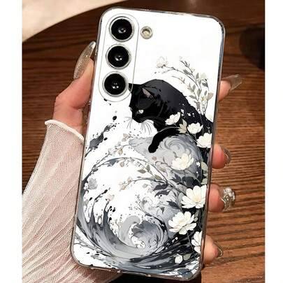 1 st mjukt mobilskal med svart katt- och blommönster, skyddande cover, kompatibelt med Honor Galaxy A04e/12/A13/A14/A34/A50/A52/A53/A54/S21/S22/S23/S2 - Genomskinlig (Multi-size)