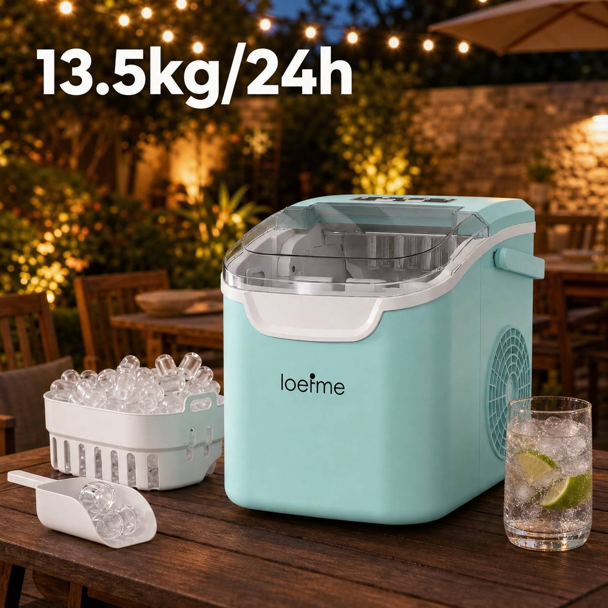 Outdoor Portable Ice Machine | Mint Green Countertop Ice Maker With Handle | 13.5kg/24h, 8 Cubes In 6 | 0.8l Tank & Self-cleaning | Great For Bbq, Patio, Camping, Home & Small Parties