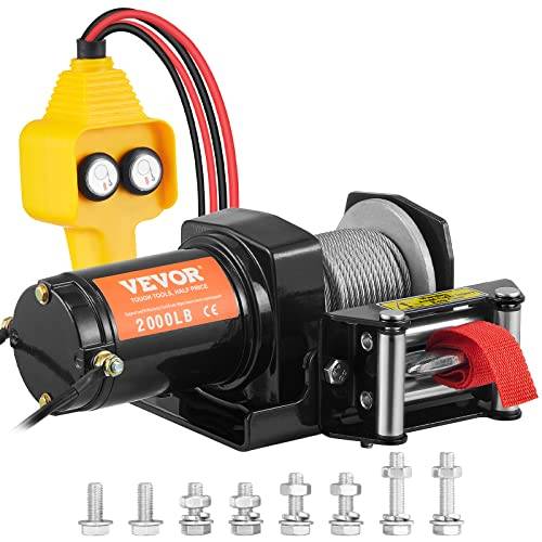 VEVOR Elektrisk vinsch 12 V 2 000 pund/907 kg offroad motorvinsch, elvinsch, stålvajer med kabelansluten fjärrkontroll, svart, perfekt för medelstora stora stadsjeepar, lastbilar och även yachter