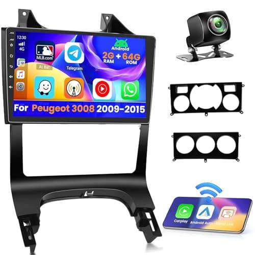 Inefala 2 + 64GB Android Car Radio för Peugeot 3008 5008 2009-2015 (Left Hand Drive) Stereo 9 Inch Screen Touchscreen med trådlöst CarPlay Android Auto With Bluetooth, GPS, SWC, Backkamera AHD