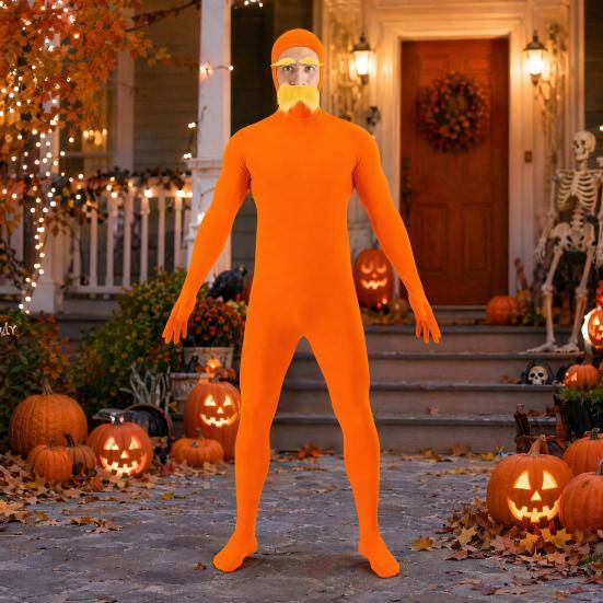 yangyizhi Ansiktsöppen Halloween-dräkt, Unisex Helkropps Orange Bodysuit med Skägg Ögonbryn för Män Kvinnor, Vuxen Stretchig Cosplay Jumpsuit Fest cm