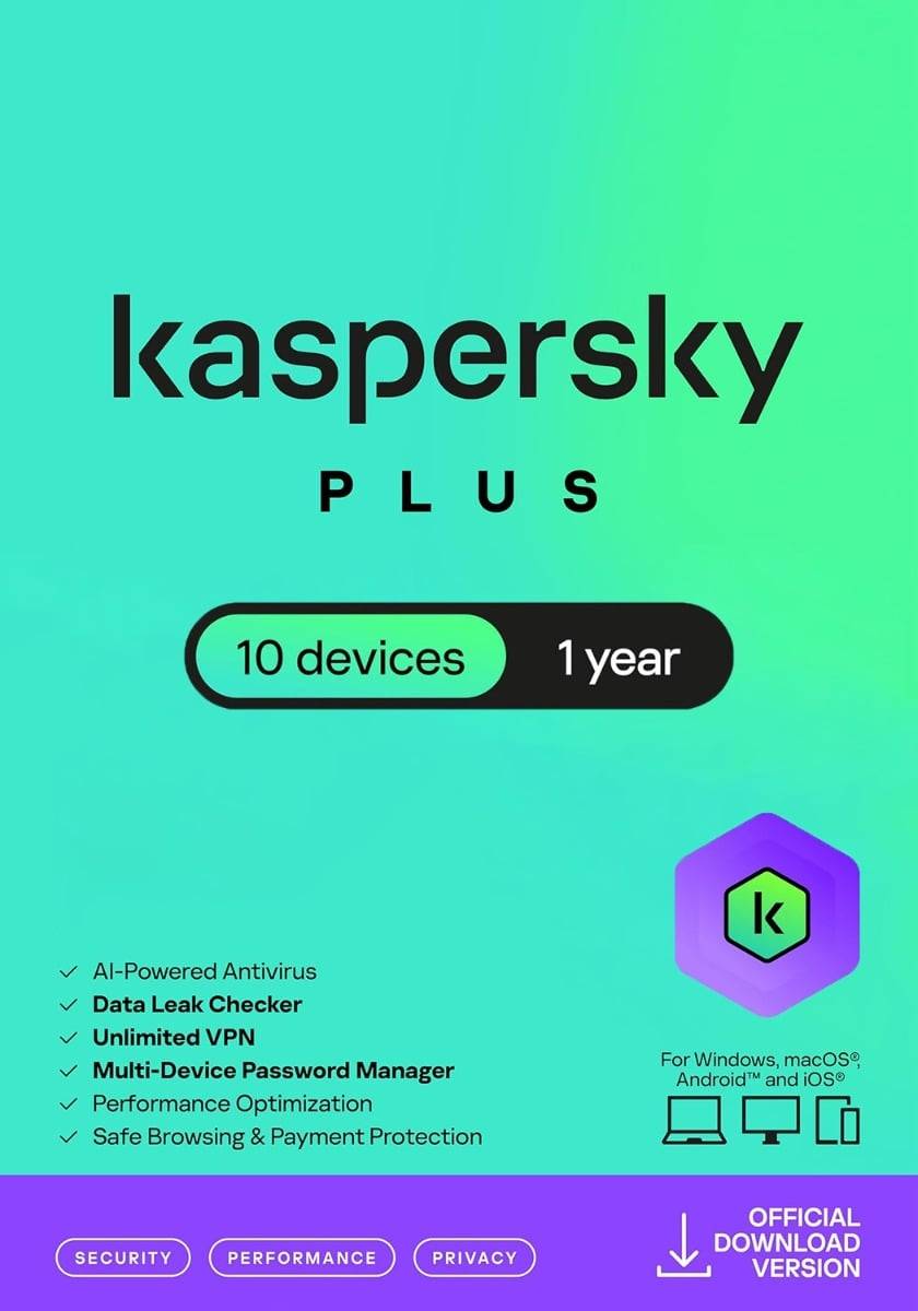 Kaspersky Plus Internet Security 2026 - 10 Enhets - 1 År för PC / Mac / iOS / Android - Nedladdningskod
