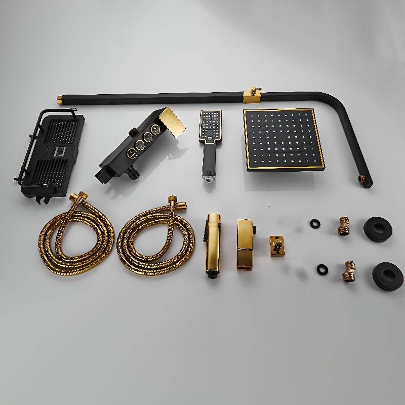 Wall-Mounted Shower Set by Copper, Constant Temperature with Handheld Spray Head, Black & Golden Square Bar Design, Includes 4 Control Buttons