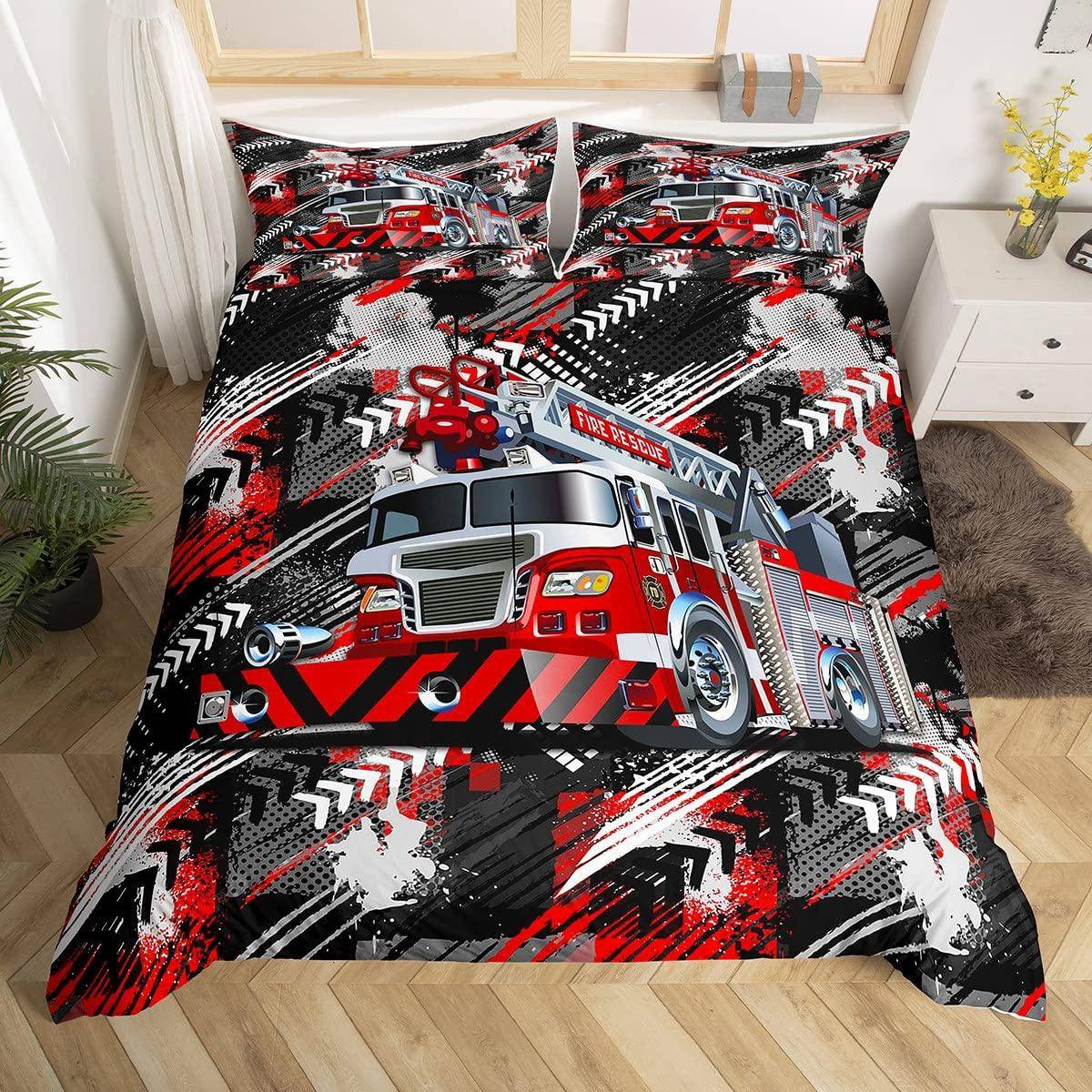 Brandbil Kung Drottning Påslakan Tecknad Polisbil Sängkläder Set för Barn Pojkar Brandman Täcke Överdrag Polyester Täcköverdrag 70x133cm 2pcs
