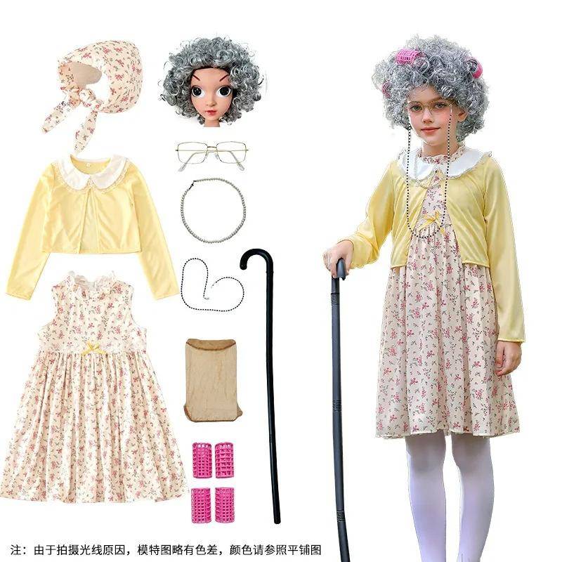 100 Skoldagar Kostym Mormor Cosplay Klänning Purim Kläder Gammal Dam Rollspel Outfit Vit Peruk för Karnevalsfest 130-140cm red