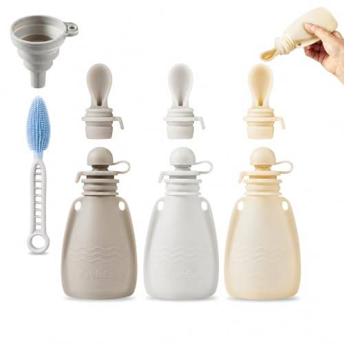 PandaEar Set med 3 återanvändbara silikonflaskor för spädbarn med 3 puréskedar, BPA-fria pressfickor för spädbarn och småbarn, 150 ml (Lätt beige, Nötter och Grå)