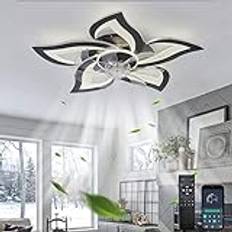 65CM Vit Blomma Takfläkt Med Ljus Och Fjärrkontroll Vinter Och Sommar DC-motor Vardagsrum LED Dimbar Taklampa Med Fläkt Reversibel 6 Hastigheter Sovrum Med Timer-Black