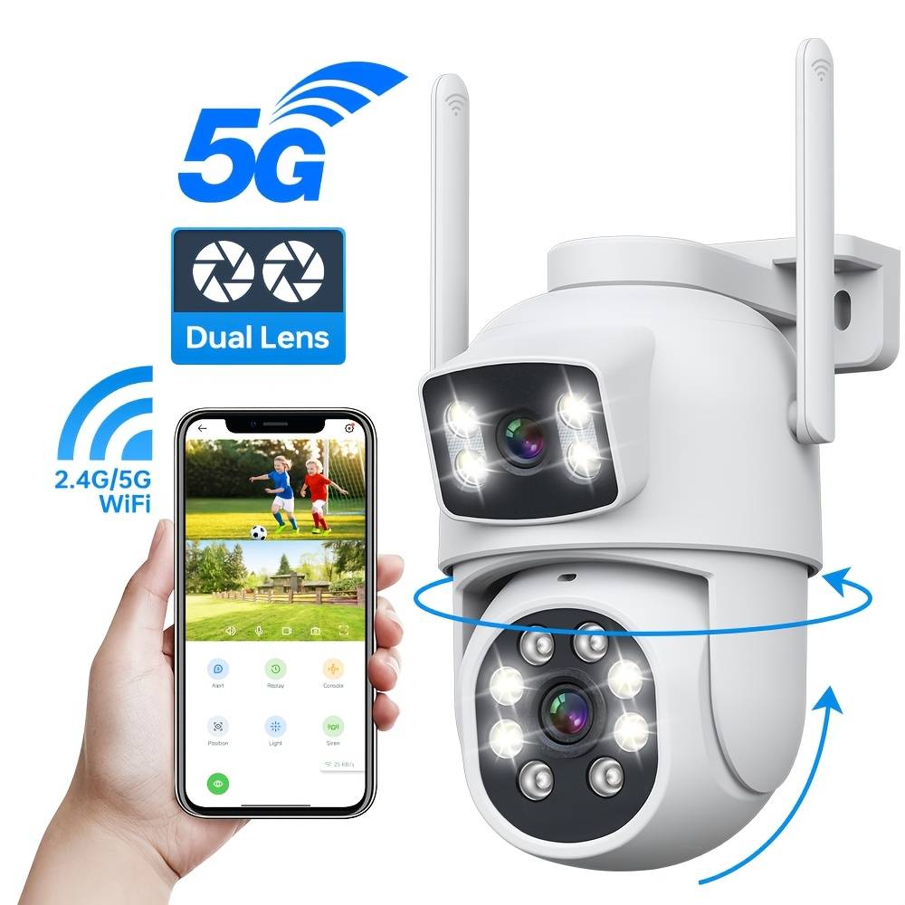 Wireless Outdoor Security Camera With Dual Lenses, Featuring Color Night Vision, Ai Detection, Ip65 Rating, Sound And Light Alerts, Ideal For Homes, Shops, And Stores, Compatible With 2.4 And 5g Wifi