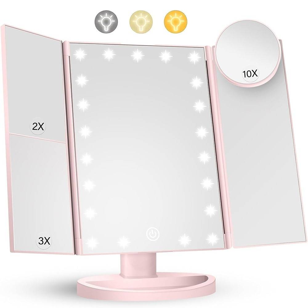 3 - sidet sammenfoldelig makeup spejl, der kan dæmpes lys 22LED bordspejl - Lyserød