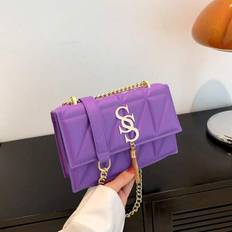 Fashion Plaid Quilted Metal Connector Flap Shoulder/Crossbody Bag For Women, Metal Tassel S Letter Decor, Versatile Commuter Tote, Small Square Bag - Purple