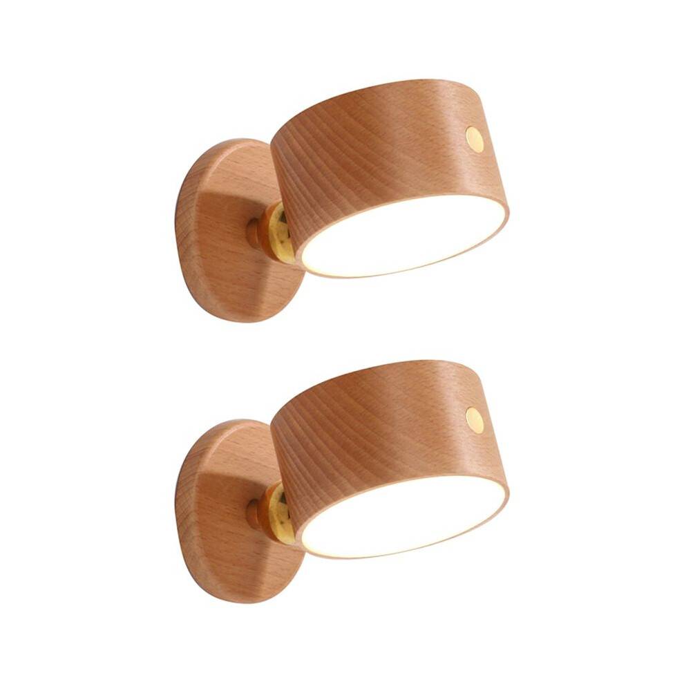 2X Rechargeable LED Wall Sconce Wall Mounted Lamp with USB Port 360 Rotate Magnetic Cordless Light Beech Wood