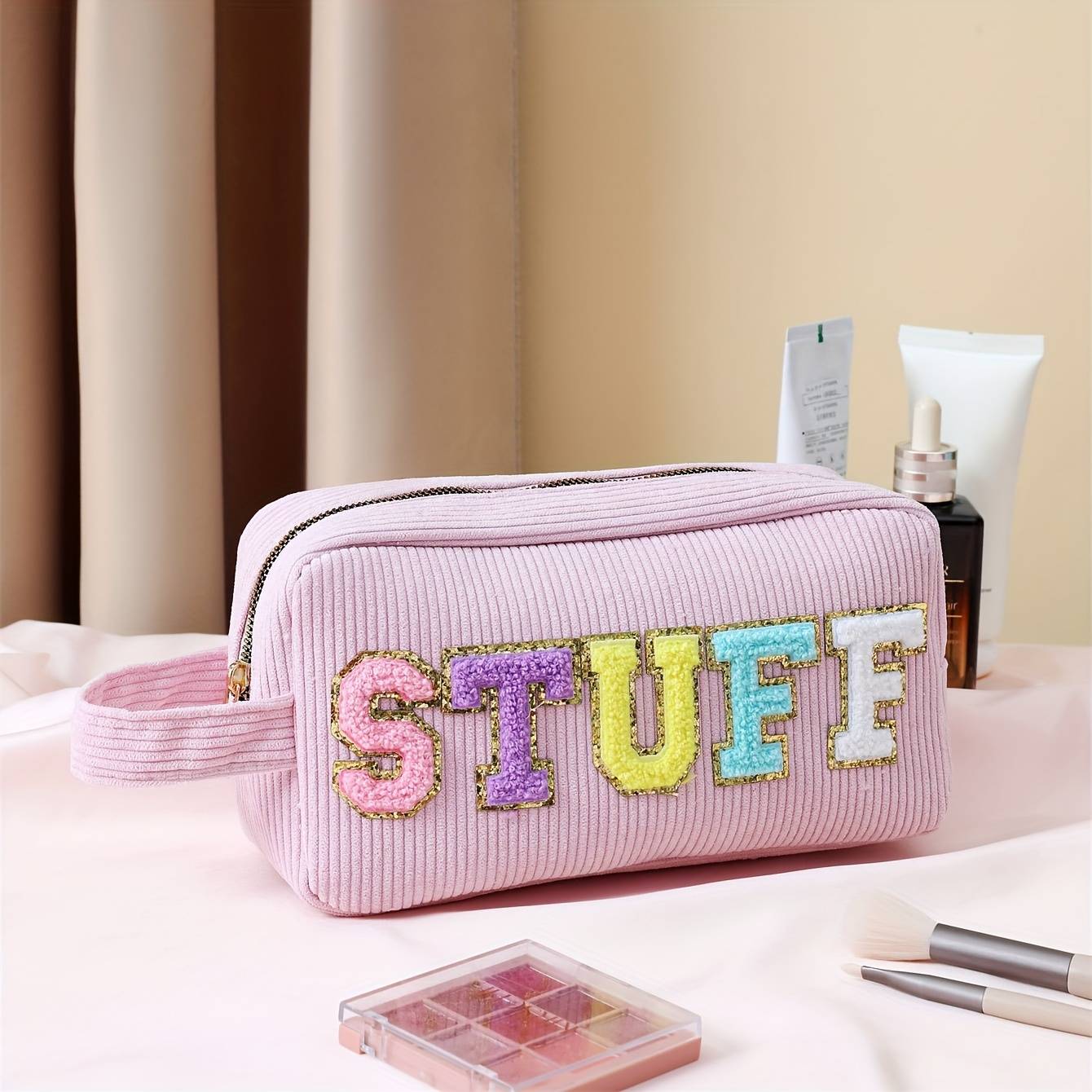 TEMU 1/4pcs Preppy Corduroy Makeup Bag, Freshman Letter Patch Zipper Pouch, Large Capacity Fashion Wallet Organizer, Portable Travel Cosmetic Bag Accessory Organizer